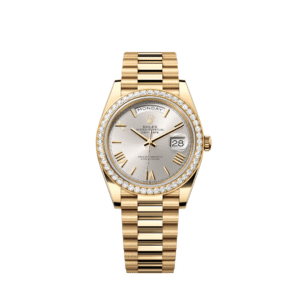 rolex day date 228348rbr yellow gold diamond bezel silver dial 2021 rolex 42331560542452