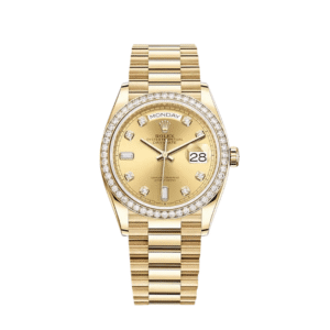 rolex day date 36 yellow gold diamond bezel champagne diamond dial 128348rbr rolex 40267436163316