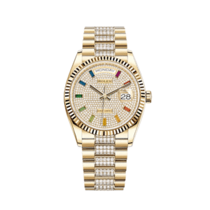 rolex day date 36 yellow gold diamond paved rainbow dial 128238 rolex 40267524047092