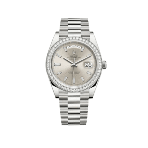 rolex day date 40 white gold diamond bezel silver diamond dial 228349rbr rolex 40269277888756